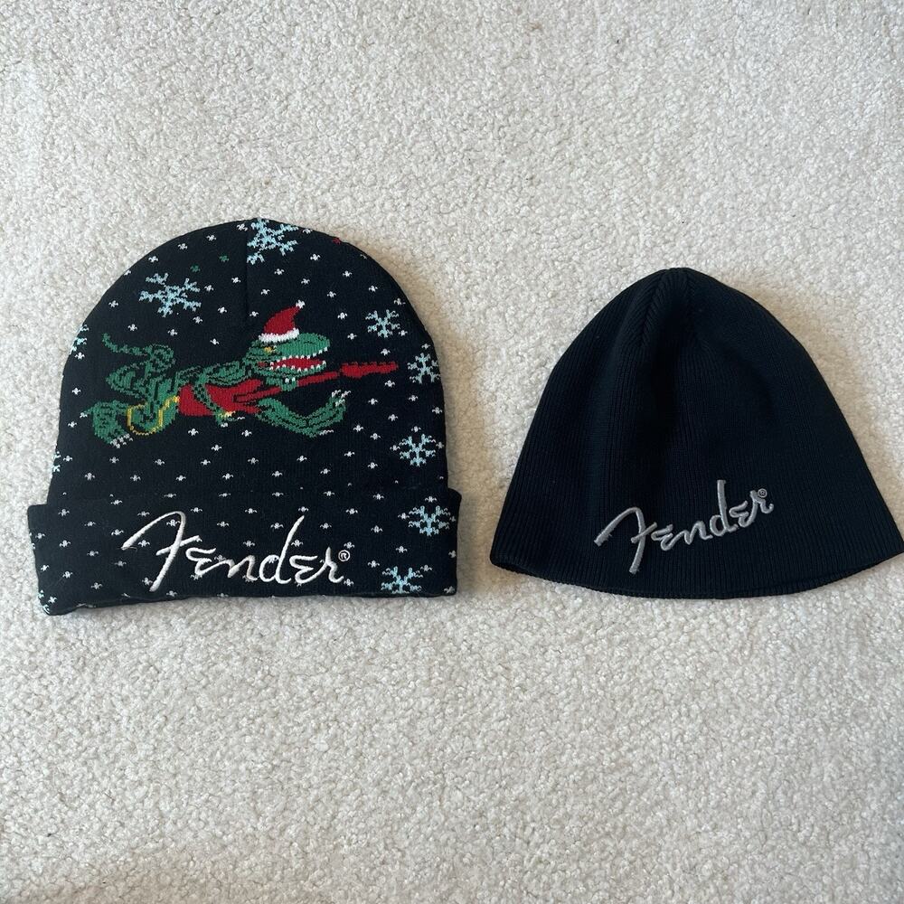 Lot 2x Fender Beanie Hat Christmas Telerex Dinosaur Guitar Black Knit Winter Cap